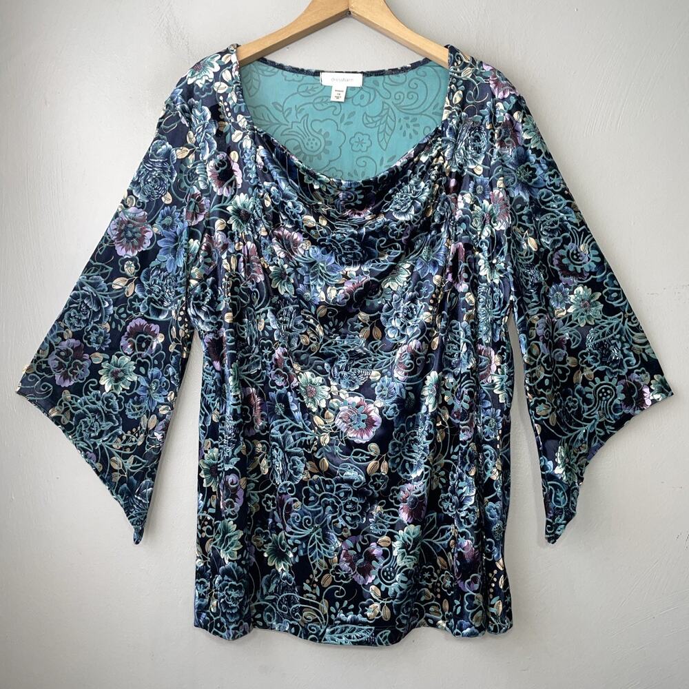 Dressbarn Velvet Top Plus Size 1X Teal Blue Dark Romantic Floral Witchy Fairy